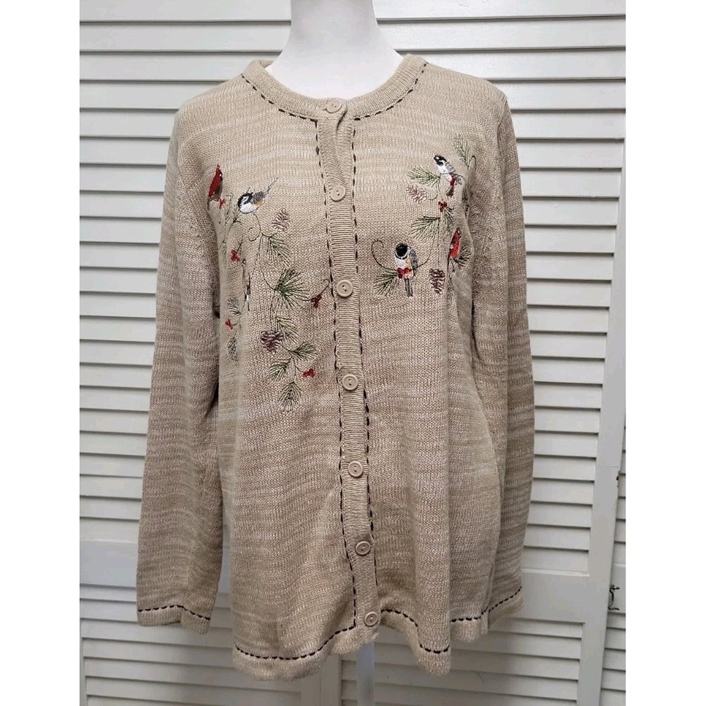 Blair Womens Winter Birds Cardigan Size M Beige Sequins Pinecones Cardinal EUC